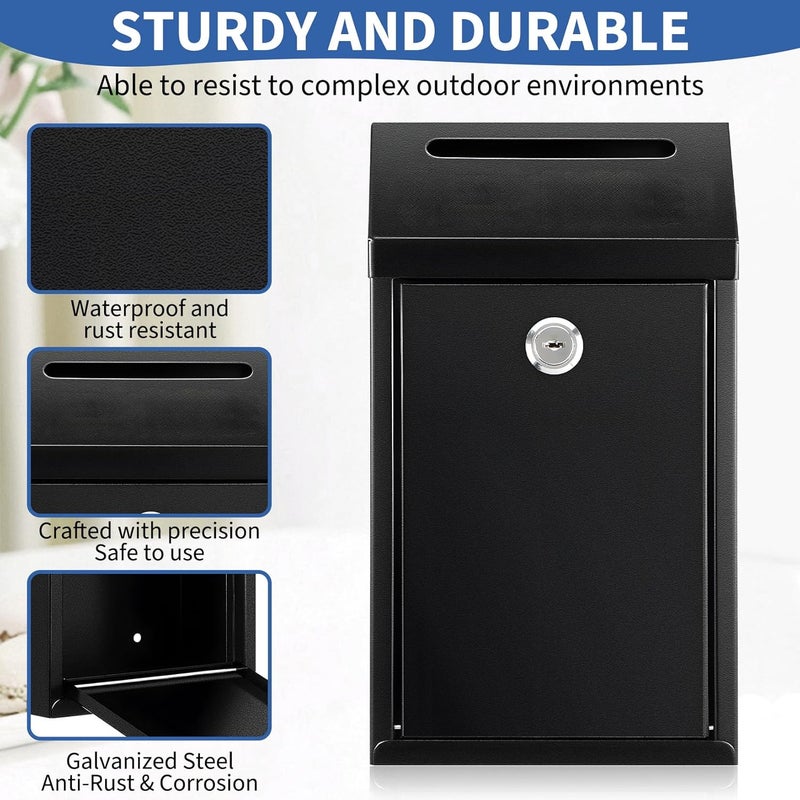 Hualleko Cash Money Box with Slot – 10.2In Metal Donation Box with Lock for Cash Deposit,Wall Mounted Money Drop with Lock and Slot for Home/Farm/Office/Outdoors (Black-Without Words) - Image 5